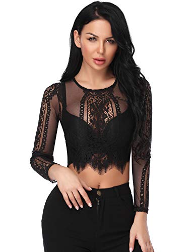 Abollria Camiseta Transparente para Mujer Lace Top Corto Blusa de Malla Manga Larga Sexy Top de Encaje de Cuello Redondo para Primavera Verano