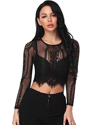 Abollria Camiseta Transparente para Mujer Lace Top Corto Blusa de Malla Manga Larga Sexy Top de Encaje de Cuello Redondo para Primavera Verano