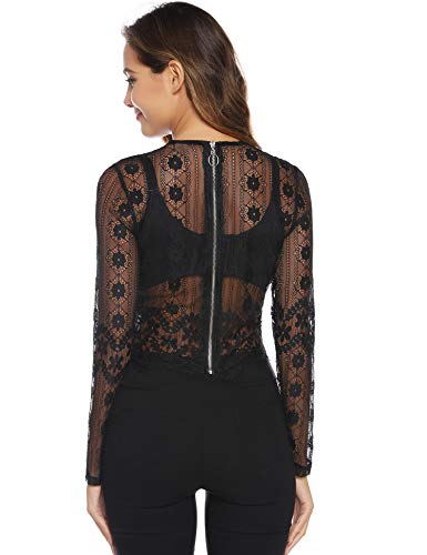 Abollria Camiseta Transparente para Mujer Lace Top Corto Blusa de Malla Manga Larga Sexy Top de Encaje de Cuello Redondo para Primavera Verano