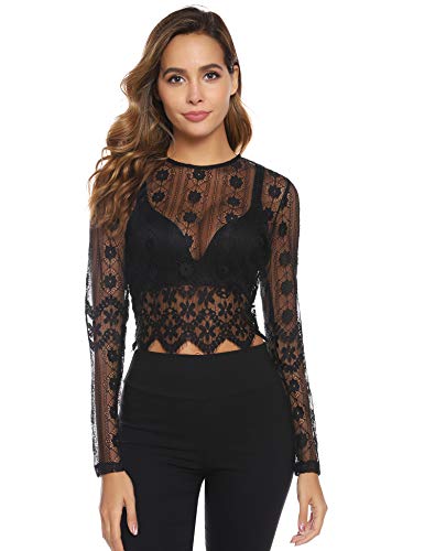 Abollria Camiseta Transparente para Mujer Lace Top Corto Blusa de Malla Manga Larga Sexy Top de Encaje de Cuello Redondo para Primavera Verano