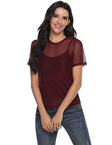 Abollria Camiseta Transparente para Mujer Sexy Top Verano Blusa de Malla Manga Corta Moda Camisa Perspectiva tee Shirt Cuello Redondo, Rojo Vino L