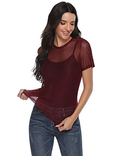 Abollria Camiseta Transparente para Mujer Sexy Top Verano Blusa de Malla Manga Corta Moda Camisa Perspectiva tee Shirt Cuello Redondo, Rojo Vino L