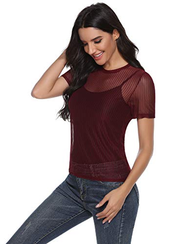 Abollria Camiseta Transparente para Mujer Sexy Top Verano Blusa de Malla Manga Corta Moda Camisa Perspectiva tee Shirt Cuello Redondo, Rojo Vino L