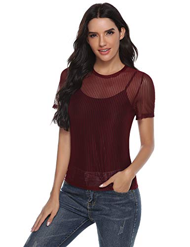 Abollria Camiseta Transparente para Mujer Sexy Top Verano Blusa de Malla Manga Corta Moda Camisa Perspectiva tee Shirt Cuello Redondo, Rojo Vino L