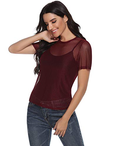 Abollria Camiseta Transparente para Mujer Sexy Top Verano Blusa de Malla Manga Corta Moda Camisa Perspectiva tee Shirt Cuello Redondo, Rojo Vino L