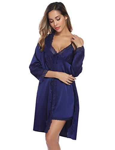 Abollria Camisón Sexy Mujer Elegante Albornoz de Dormir Conjunto de Kimono Batas Vestidos de Dormir de Dos Piezas Azul Marino,XXL