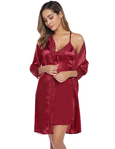 Abollria Camisón Sexy Mujer Elegante Albornoz de Dormir Conjunto de Kimono Batas Vestidos de Dormir de Dos Piezas Vino Rojo,L