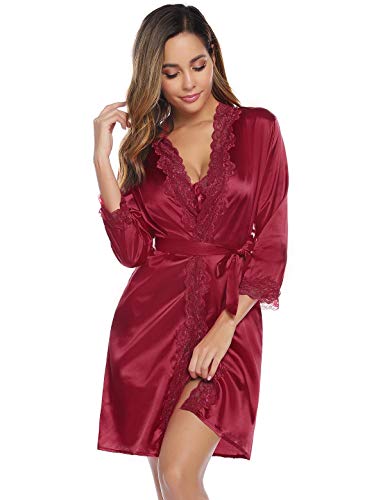 Abollria Camisón Sexy Mujer Elegante Albornoz de Dormir Conjunto de Kimono Batas Vestidos de Dormir de Dos Piezas Vino Rojo,L