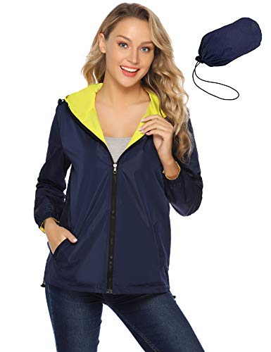 Abollria Chubasquero Mujer Impermeable Chaqueta Abrigo Ligeros Rompevientos con Capucha Ideal para Viajes, Camping, Senderismo, Vacaciones, Unisex con Doble Cara
