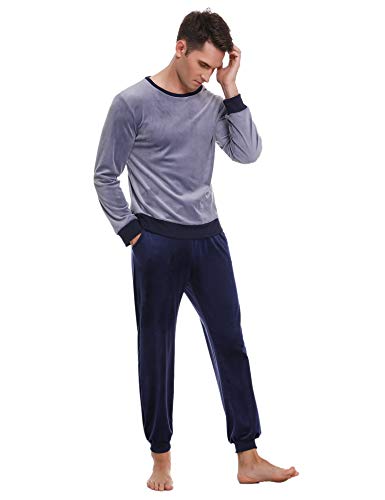 Abollria Conjunto de Pijama Básico para Hombre Ropa de Noche Cuello Redondo Pijama Polar Manga Larga Pantalones Largo para Primavera Invierno, Gris + Azul Real, XS