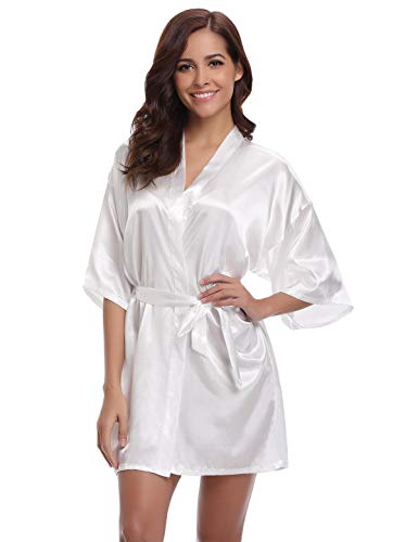 Abollria Kimono Mujer Bata para Satén Mujer Ropa de Dormir Batas Blanco,S