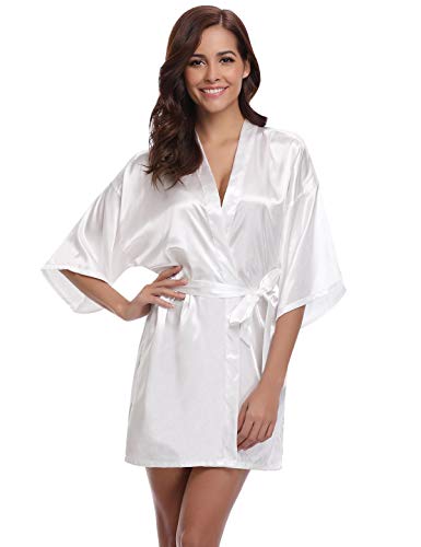 Abollria Kimono Mujer Bata para Satén Mujer Ropa de Dormir Batas Blanco,S