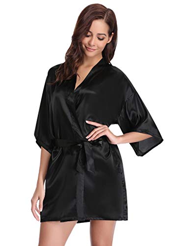 Abollria Kimono Mujer Bata para Satén Mujer Ropa de Dormir Batas Negro,XL