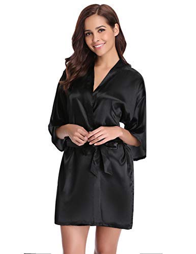 Abollria Kimono Mujer Bata para Satén Mujer Ropa de Dormir Batas Negro,XL