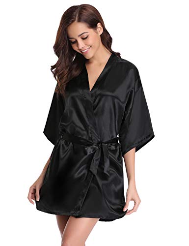 Abollria Kimono Mujer Bata para Satén Mujer Ropa de Dormir Batas Negro,XL