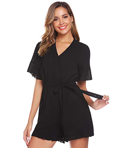 Abollria Mono Corto Mujer Casual Jumpsuit de Gasa para Verano Playsuit Manga Corta Boho Mameluco Cuello-V con Cinturón