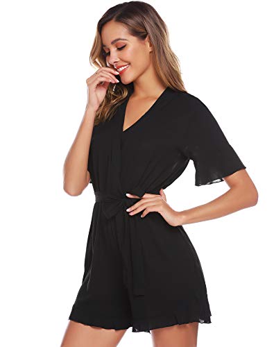 Abollria Mono Corto Mujer Casual Jumpsuit de Gasa para Verano Playsuit Manga Corta Boho Mameluco Cuello-V con Cinturón