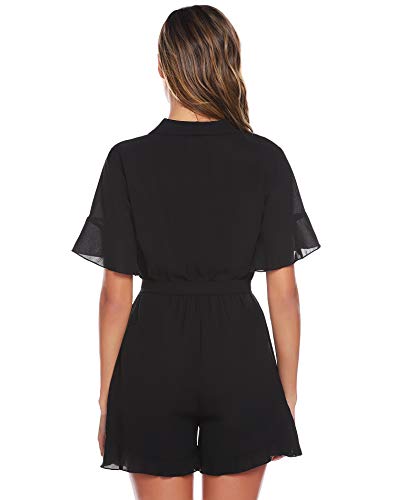 Abollria Mono Corto Mujer Casual Jumpsuit de Gasa para Verano Playsuit Manga Corta Boho Mameluco Cuello-V con Cinturón