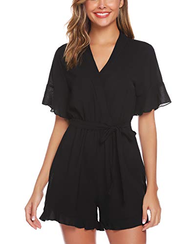 Abollria Mono Corto Mujer Casual Jumpsuit de Gasa para Verano Playsuit Manga Corta Boho Mameluco Cuello-V con Cinturón