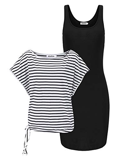 Abollria Mujer Vestido Slim Fit sin Mangas + Camiseta Manga Corta Casual 2 en 1 Pijamas Conjuntos de Casa en Algodón para Primavera y Verano