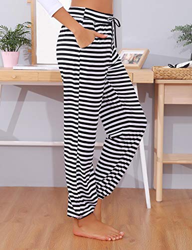 Abollria Pantalones de Pijama Mujer Largos de Suave,Comodo y Moderno,Pantalones Deportivos Casuales Lineas Blancas y Negras,S