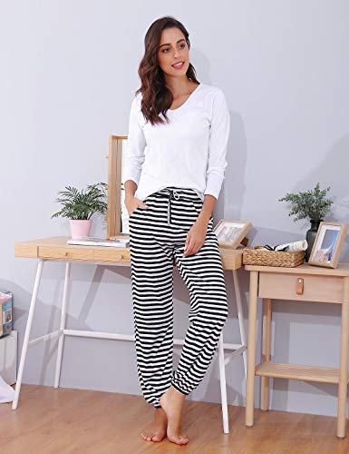 Abollria Pantalones de Pijama Mujer Largos de Suave,Comodo y Moderno,Pantalones Deportivos Casuales Lineas Blancas y Negras,S