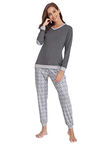 Abollria Pijama Mujer Algodón 2 Piezas Set V-Cuello Conjunto de Pijamas de Manga Larga Jogging Estilo Ropa de Dormir (L=EU(44-46), Gris Oscuro)