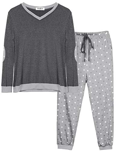 Abollria Pijama Mujer Algodón 2 Piezas Set V-Cuello Conjunto de Pijamas de Manga Larga Jogging Estilo Ropa de Dormir (L=EU(44-46), Gris Oscuro)