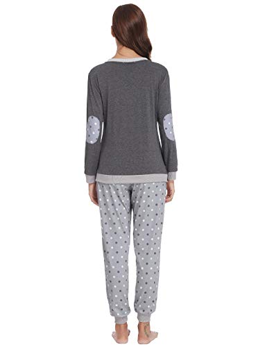 Abollria Pijama Mujer Algodón 2 Piezas Set V-Cuello Conjunto de Pijamas de Manga Larga Jogging Estilo Ropa de Dormir (L=EU(44-46), Gris Oscuro)