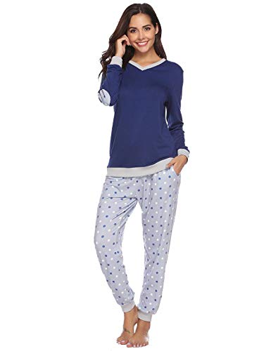 Abollria Pijama Mujer Algodón 2 Piezas Set V-Cuello Conjunto de Pijamas de Manga Larga Jogging Estilo Ropa de Dormir (XL=EU(46-48), Azul Marino)