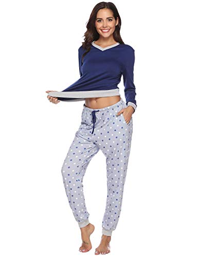 Abollria Pijama Mujer Algodón 2 Piezas Set V-Cuello Conjunto de Pijamas de Manga Larga Jogging Estilo Ropa de Dormir (XL=EU(46-48), Azul Marino)