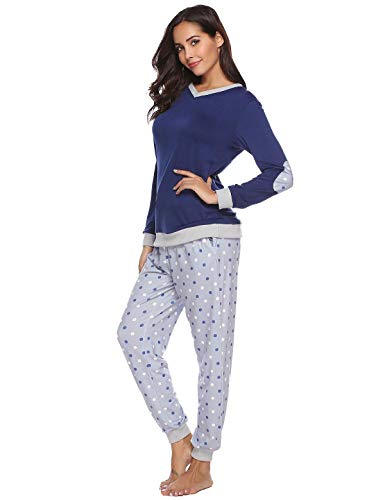 Abollria Pijama Mujer Algodón 2 Piezas Set V-Cuello Conjunto de Pijamas de Manga Larga Jogging Estilo Ropa de Dormir (XXL=EU(50-52), Azul Marino)