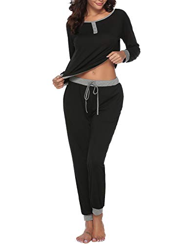 Abollria Pijama para Mujer 2 Piezas Conjuntos Camiseta y Pantalones Ropa de Casa Mujer (L, Negro)