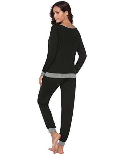 Abollria Pijama para Mujer 2 Piezas Conjuntos Camiseta y Pantalones Ropa de Casa Mujer (L, Negro)