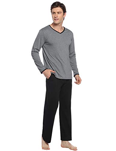 Abollria Pijamas Hombre Algodón 2 Piezas Mangas Larga Pantalon Largo Invierno Cómodo y Agradable (S, Negro_3)