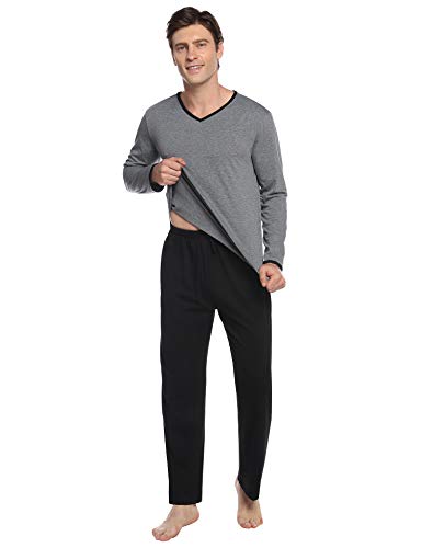 Abollria Pijamas Hombre Algodón 2 Piezas Mangas Larga Pantalon Largo Invierno Cómodo y Agradable (S, Negro_3)