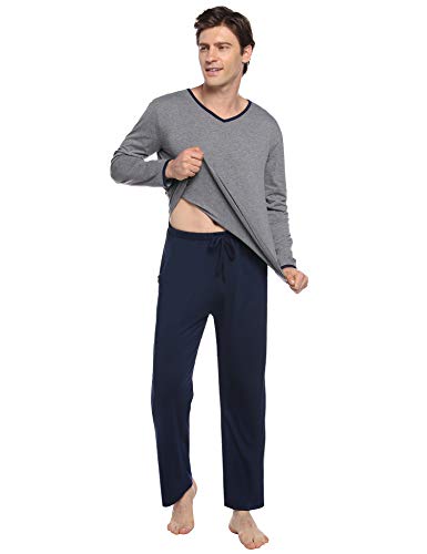 Abollria Pijamas Hombre Algodón 2 Piezas Mangas Larga Pantalon Largo Invierno Cómodo y Agradable (XXL, Azul Oscuro_3)