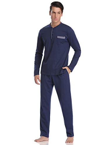 Abollria Pijamas Hombre Algodón 2 Piezas Mangas Larga Pantalon Largo Invierno Cómodo y Agradable (XXL=EU 56, Azul Oscuro)