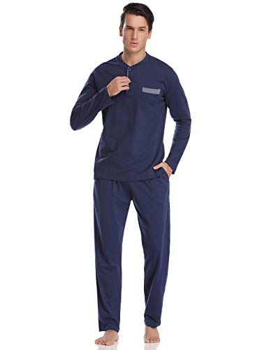 Abollria Pijamas Hombre Algodón 2 Piezas Mangas Larga Pantalon Largo Invierno Cómodo y Agradable (XXL=EU 56, Azul Oscuro)