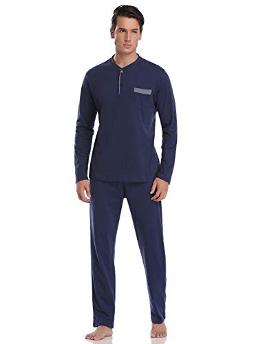Abollria Pijamas Hombre Algodón 2 Piezas Mangas Larga Pantalon Largo Invierno Cómodo y Agradable (XXL=EU 56, Azul Oscuro)