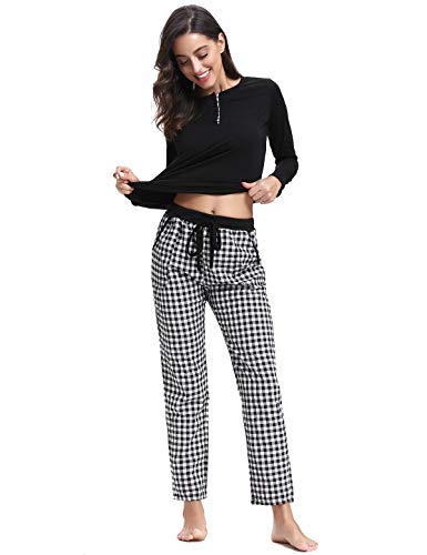 Abollria Pijamas Mujer Algodon Ropa de Domir Elegante Manga Pantalon Largos (L, Negro_2)