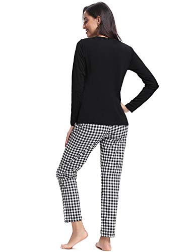 Abollria Pijamas Mujer Algodon Ropa de Domir Elegante Manga Pantalon Largos (L, Negro_2)
