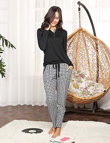 Abollria Pijamas Mujer Algodon Ropa de Domir Elegante Manga Pantalon Largos (L, Negro_2)