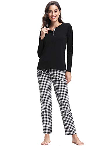 Abollria Pijamas Mujer Algodon Ropa de Domir Elegante Manga Pantalon Largos (L, Negro_2)