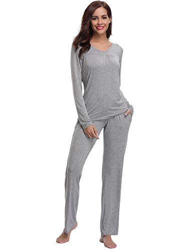 Abollria Pijamas Mujer Algodon Ropa de Domir Elegante Manga Pantalon Largos (M, Gris_3)