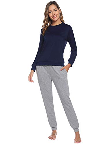 Abollria Pijamas Mujer Algodon Ropa de Domir Elegante Manga Pantalon Largos (S, Gris_4)