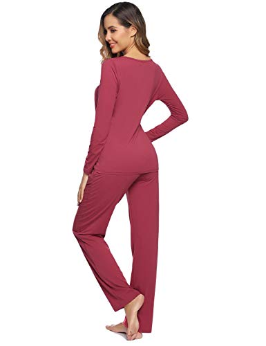 Abollria Pijamas Mujer Algodon Ropa de Domir Elegante Manga Pantalon Largos (S, Rojo Ladrillo_3)