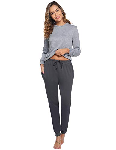 Abollria Pijamas Mujer Algodon Ropa de Domir Elegante Manga Pantalon Largos (XL, Gris Oscuro_4)
