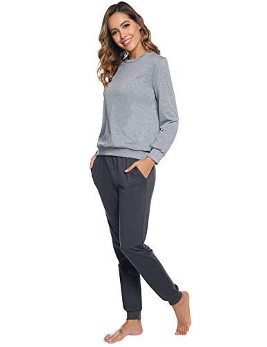 Abollria Pijamas Mujer Algodon Ropa de Domir Elegante Manga Pantalon Largos (XL, Gris Oscuro_4)