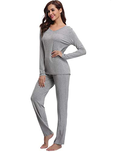 Abollria Pijamas Mujer Algodon Ropa de Domir Elegante Manga Pantalon Largos (XL, Gris_3)